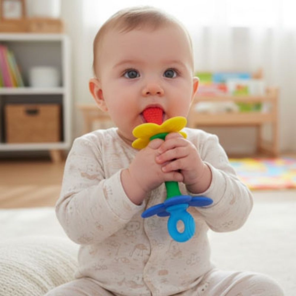 bebe sur tapis dans sa main Anneau de dentition