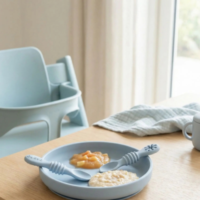 Cuillere bebe poser dans assiette bleu