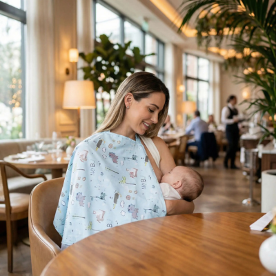 Cape d'allaitement maman bebe au restaurant