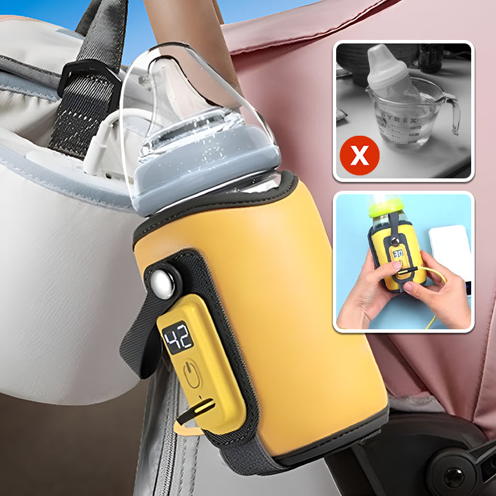 chauffe biberon portable accroché à la poussette