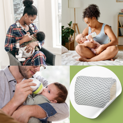 Parents qui donnent biberon à leurs bébés accompagnés coussin allaitement zebre
