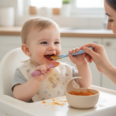 Cuillère bébé assit et maman aide a nourrit
