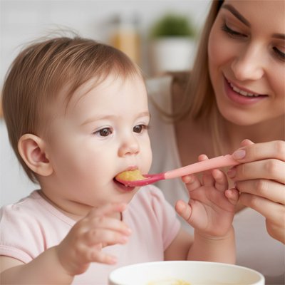 Cuillère bébé devant son bol compote