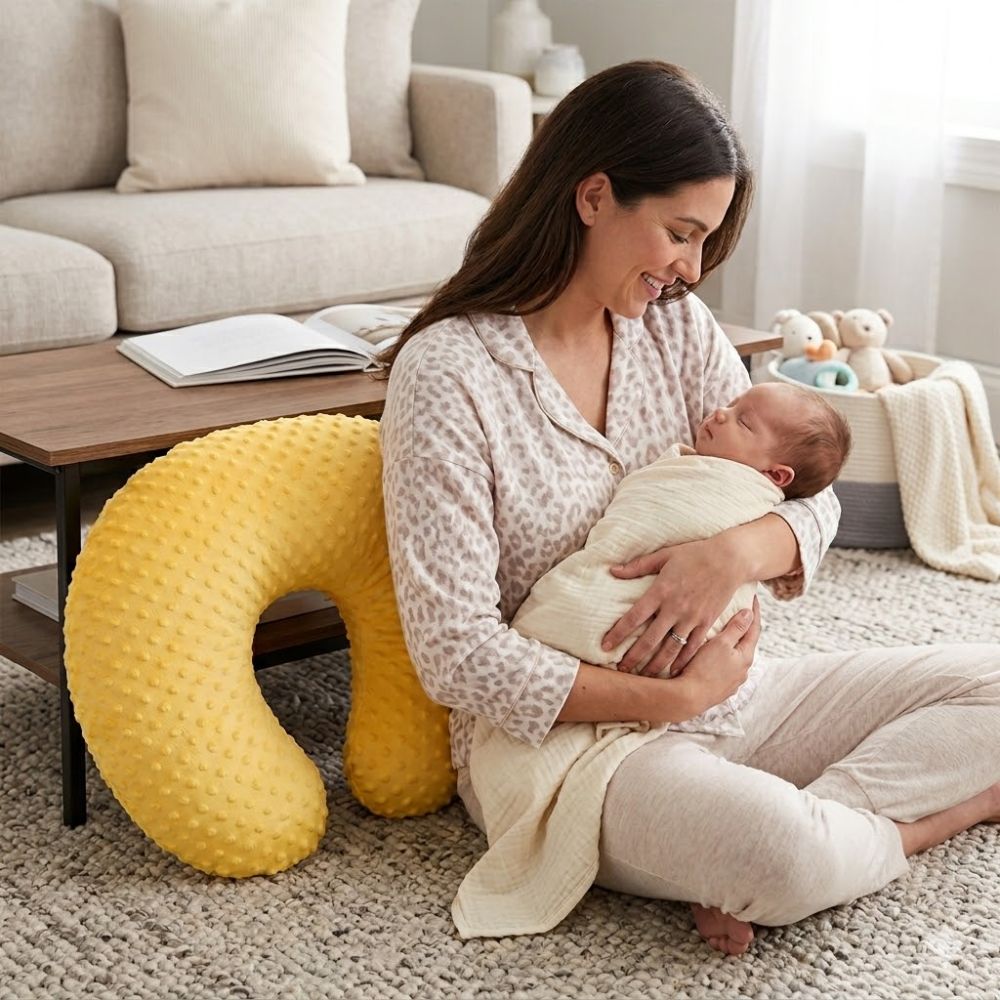 maman assise tapis avec bebe et Coussin d'allaitement jaune