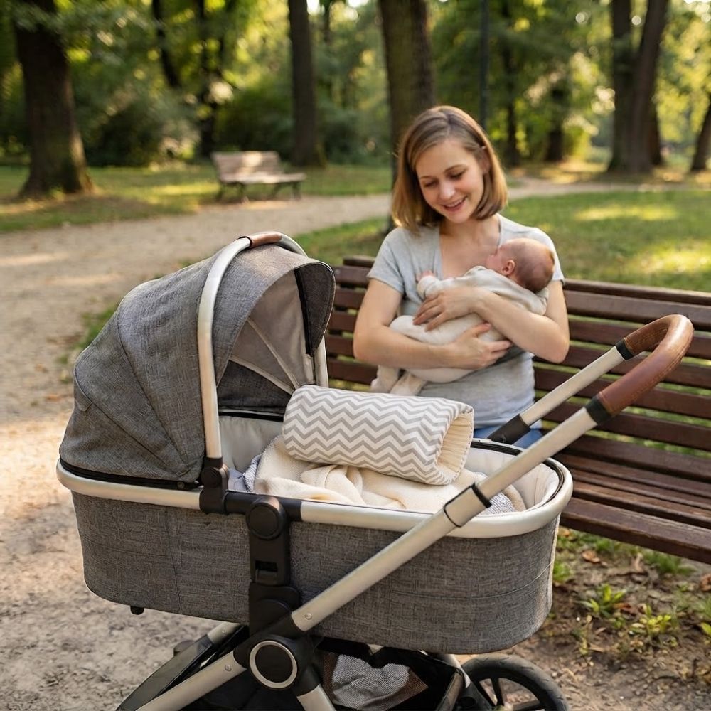maman au jardin assise avec son bebe Coussin allaitement dans poussette