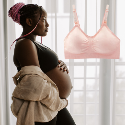 maman enceinte avec son soutien gorge d allaitement amour rose