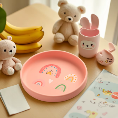 Assiette bebe Antiderapante rose Ergonomique