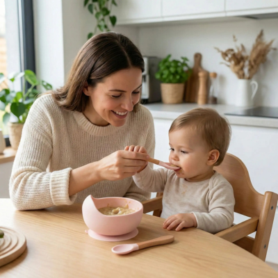 Assiette bebe Autonomie maman aide son bebe a manger