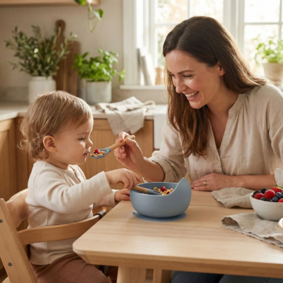 Assiette bébé maman fait manger son enfant