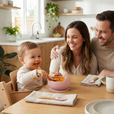 Assiette bébé papa maman regarde bebe manger