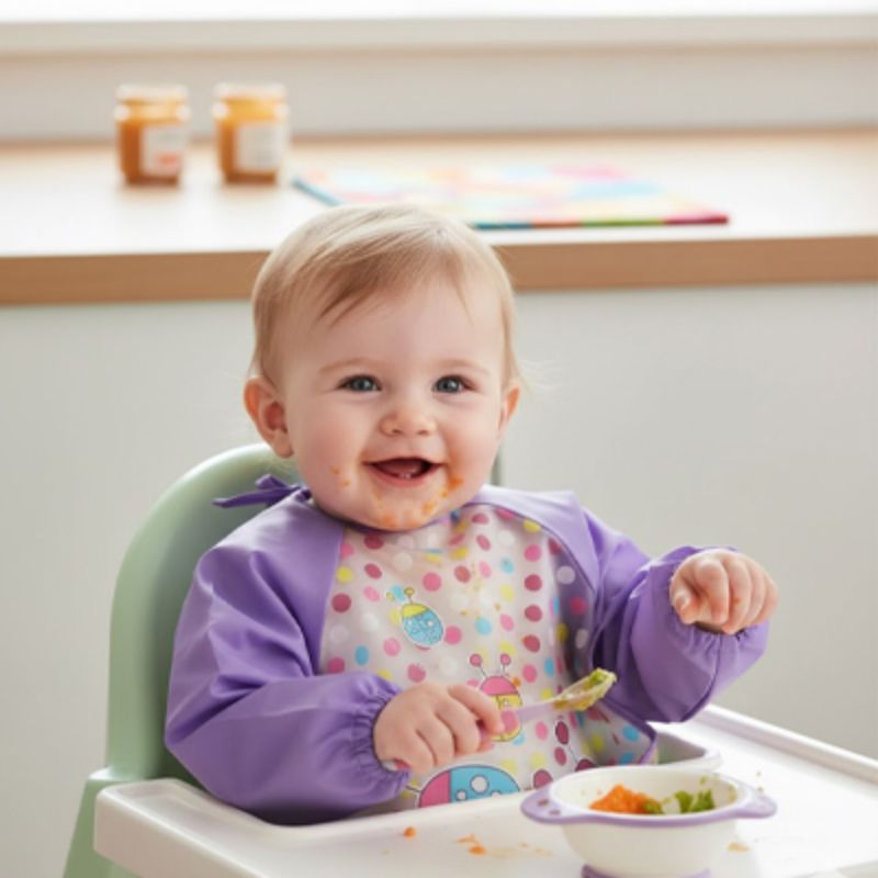 Bavoir bebe Douceur absorbante enfant dans sa chaise haute
