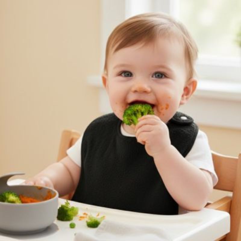 Bavoir bébé, protège-repas bébé assis et mange