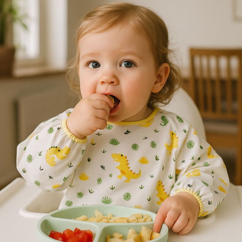 Bavoir bebe assise devant son assiette