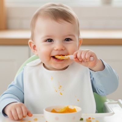 Bavoir bébé enfant mange avec sa petite cuillere