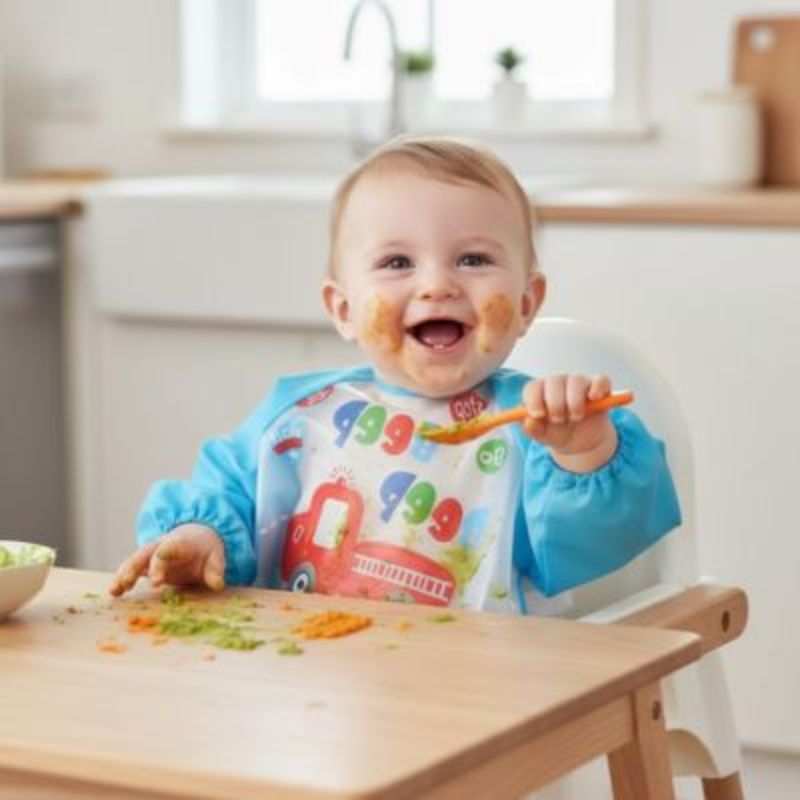 Bavoir manche longue imperméable bébé enfant souriant mange à la cuillère