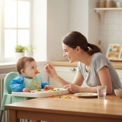 Bavoir manche longue Impermeable Bebe maman fait manger son bebe