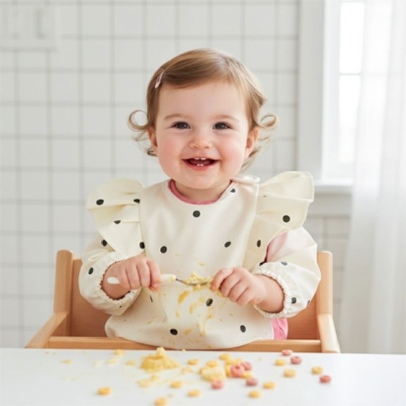 Bavoir manches longues à pois bébé mange