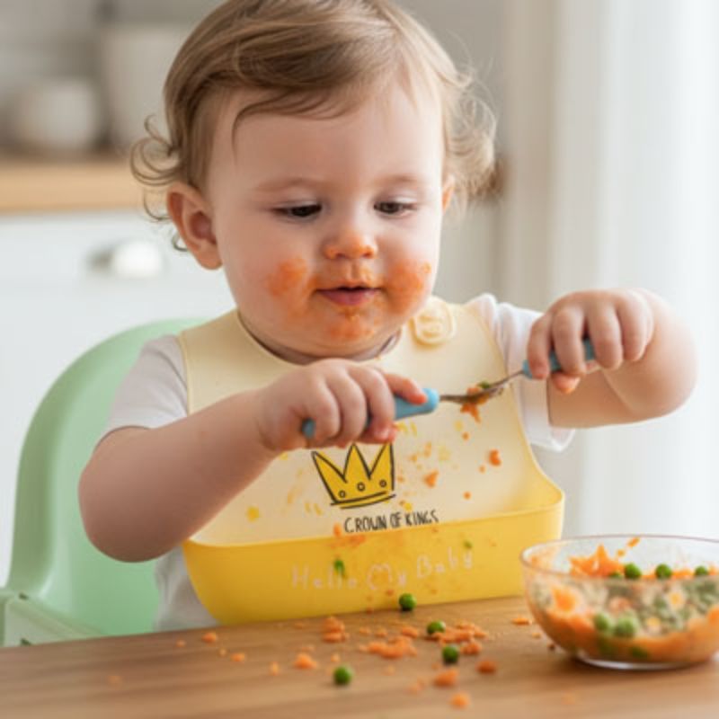 Bavoir  silicone Souple et Sans BPA bebe mange avec une cuillere