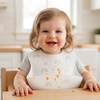 Bavoir silicone bebe Anti-tache ergonomique enfant assie dans chaise