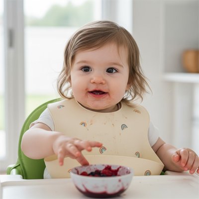 Bavoir silicone bebe Anti-tache ergonomique petite fille souriante