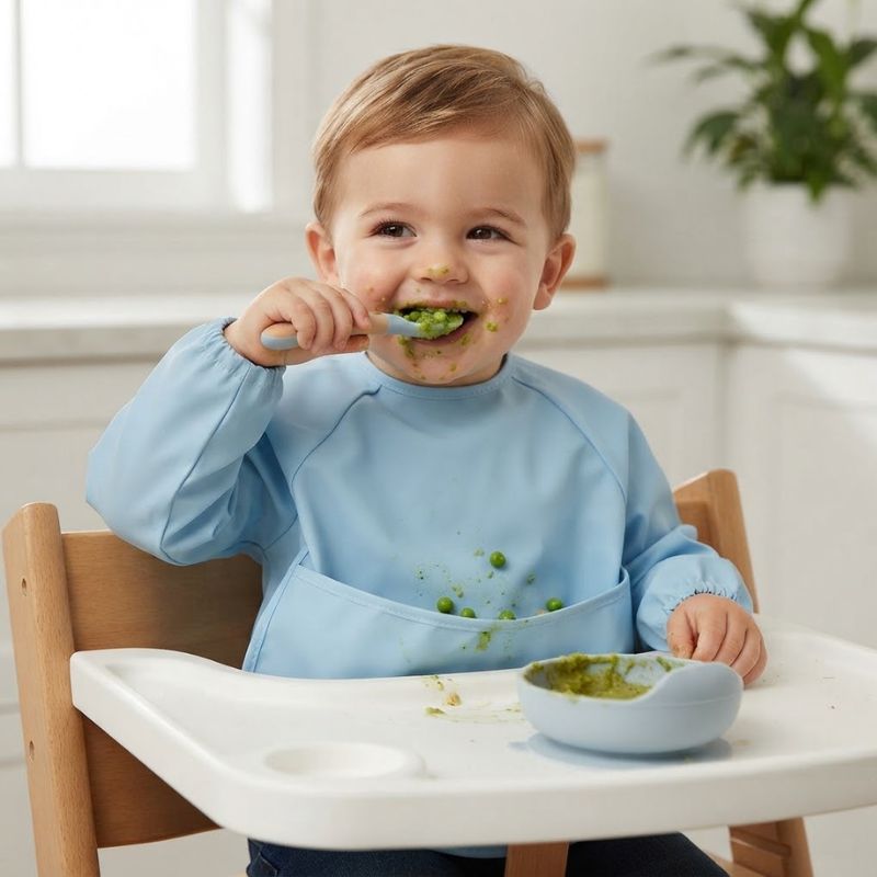 Bavoir bebe Zero Tache avec son tablier bleu