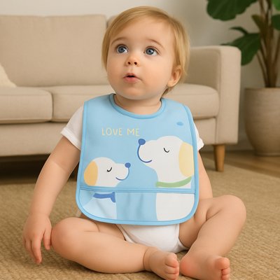 Bavoir bebe petit glouton enfant assie sur le tapis