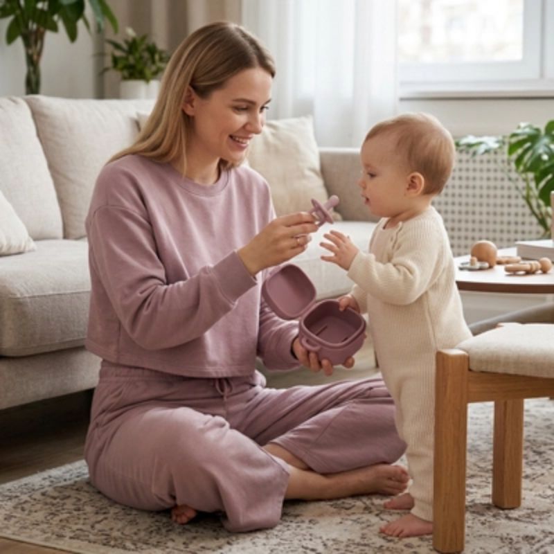 Boite a tetine​ maman assise donne sucette a bebe