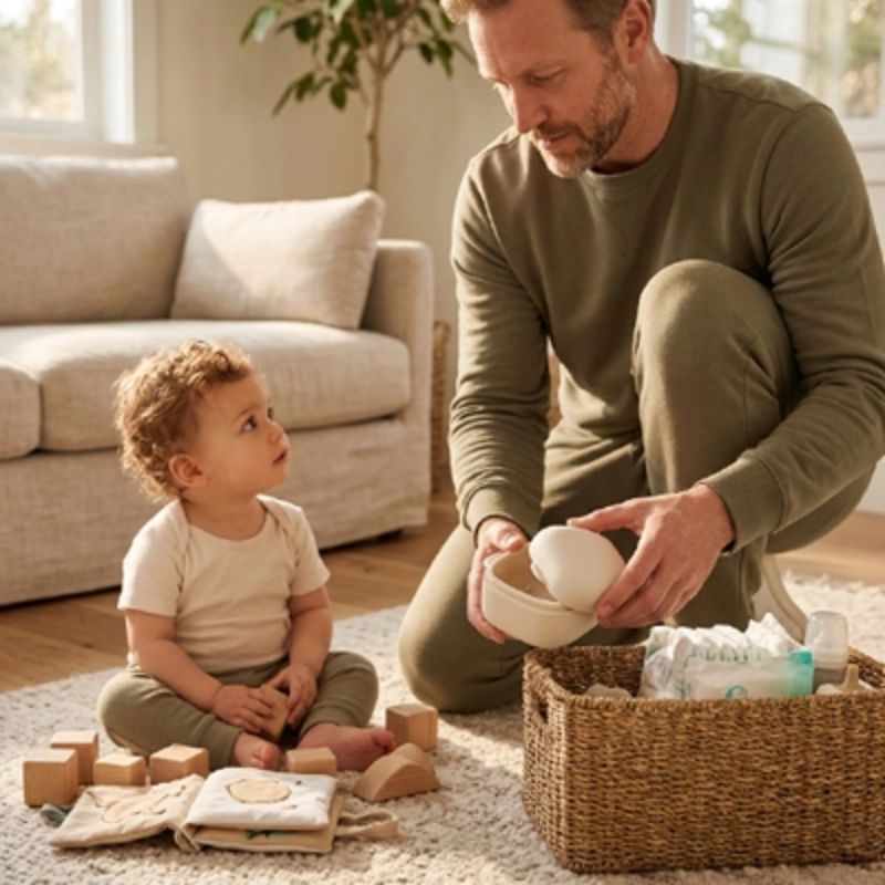 Boite a tetine​ papa range la boite dans panier bebe