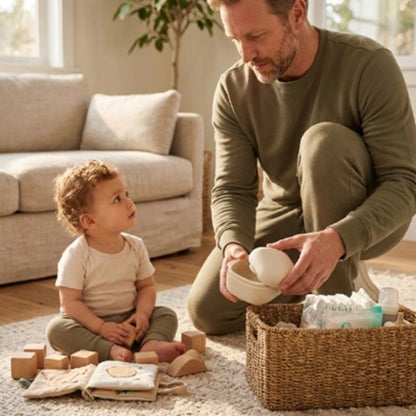 Boite a tetine​ papa range la boite dans panier bebe
