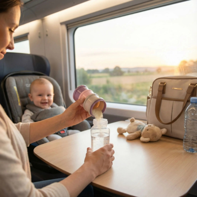 Boite doseuse lait PratikVoyage maman dans un train prepare biberon