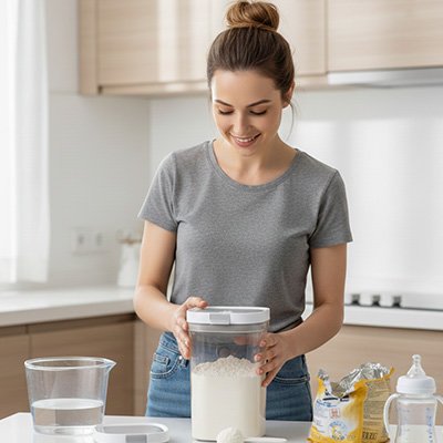 Boite doseuse lait Securisee maman dans sa cuisine prepare lait