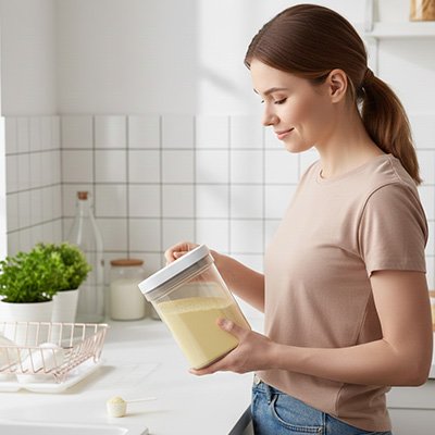 Boite doseuse lait Securisee maman dans sa cuisine