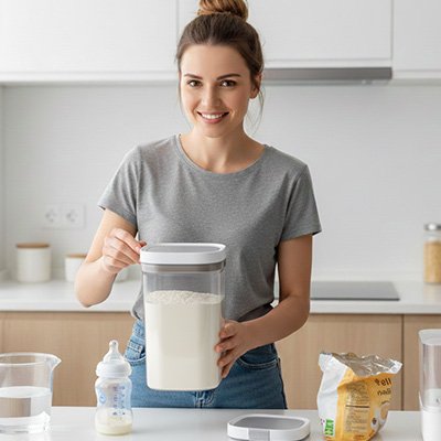 Boite doseuse lait Securisee maman tient lait dans sa main