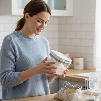 Boite doseuse lait Securisee maman toute souriante