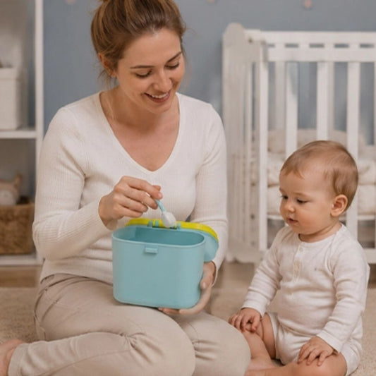 Boite doseuse lait avec maman et bebe assise sur tapis