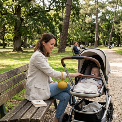 boite a tetine au bras de maman au parc et bebe