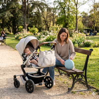 boite a tetine au parc avec maman assise sur banc