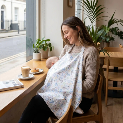 Cape d'allaitement maman au cafe avec bebe