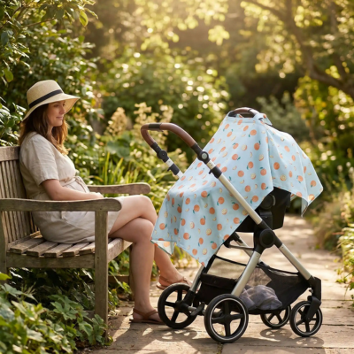 Cape d'allaitement maman en poussette avec bebe