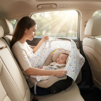 Cape d'allaitement maman en voiture avec bebe