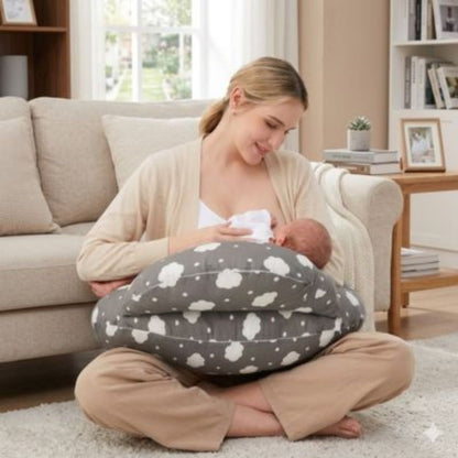 Coussin allaitement maman assise confortable sur tapis avec bebe