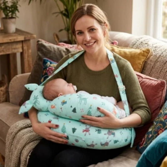 Coussin allaitement vert sur maman caline et bebe dort