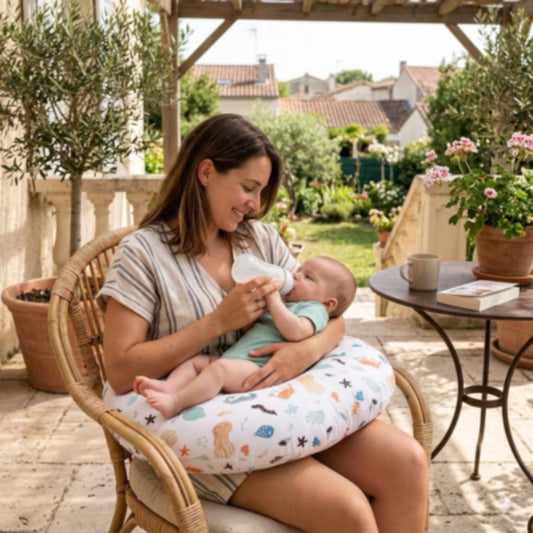 maman assise a sa terrasse avec coussin d'allaitemenr nourrie bebe