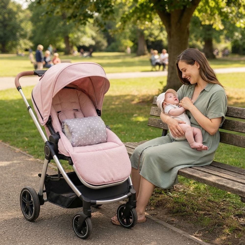 Coussin d'allaitement dans poussette avec maman bebe au parc