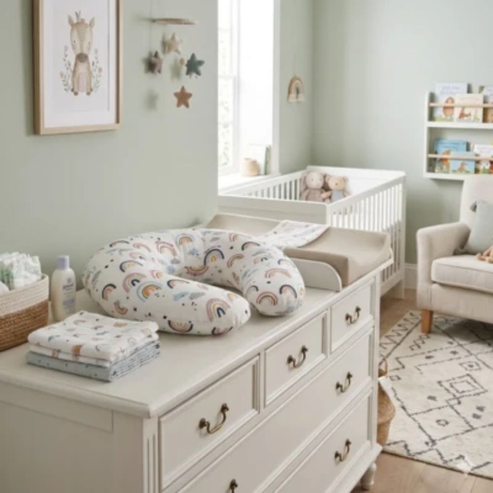 Coussin d'allaitement poser sur commode chambre bebe
