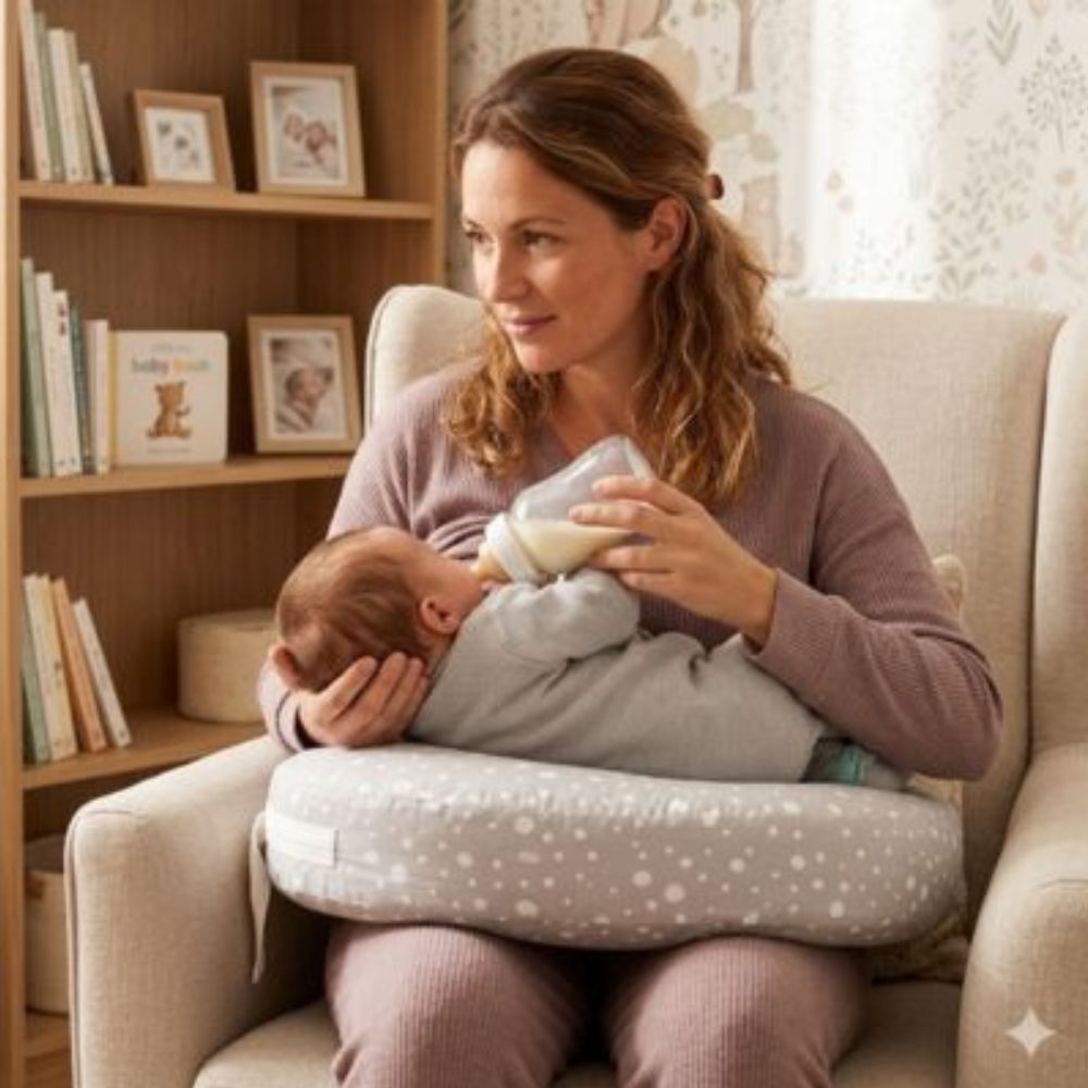 Coussin allaitement avec maman qui donne biberon bebe assise