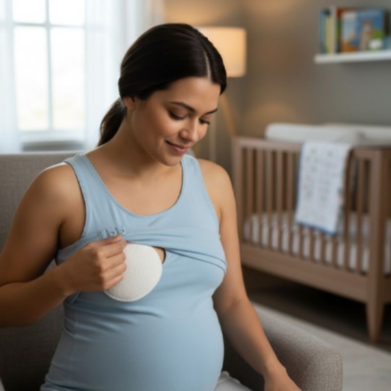 Coussinets d'allaitement  Bio-Absorbants sur sein de maman