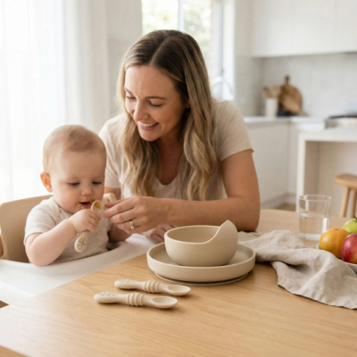 Couvert pour bebe assit a table avec maman