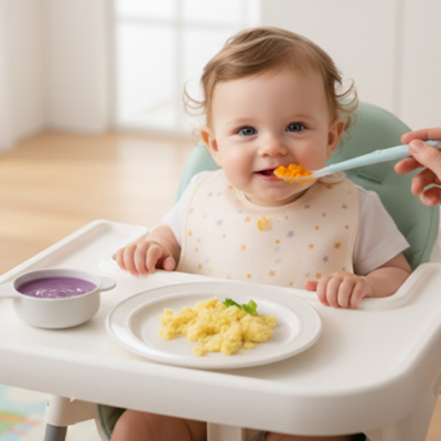 Cuillere bebe assit dans sa chaise bebe mange