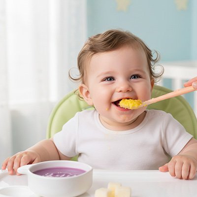 Cuillère bébé assit devant son assiette